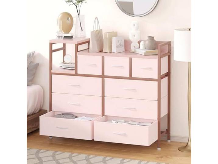 Commode 9 Tiroirs en Tissu TOYS SELLING Armoire en MDF-Cadre en Métal Style Moderne ROSE