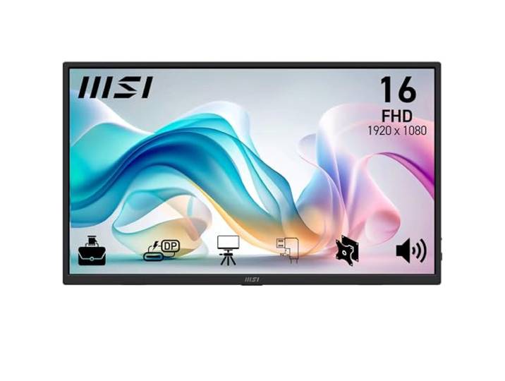 MSI Pro MP165 E6 draagbaar display 15,6 inch Full HD – IPS-paneel 1920 x 1080, 60 Hz, 4 ms, luidsprekers en geïntegreerde microfoon, HDMI 2.0b, USB Type-C (PD 15W), VESA-compatibel, zwart