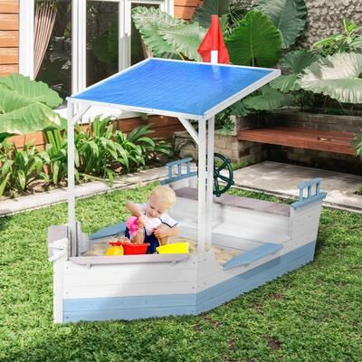 Homcom "Outsunny Kids Sandbox with Canopy, Pirate Ship Wooden Sand Boxes with Bench for Backyard, Sand Pit for Toddlers, 83"" x 43"", Blue"