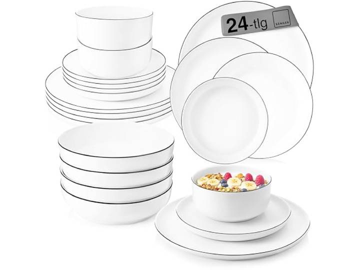 SÄNGER Marlo Black Rim Geschirrset 6 Personen Porzellan 24tlg Weiß/Schwarz Tellerset mit Speisetellern, Desserttellern, Müslischalen & Pastateller, spülmaschinenfestes Essgeschirr, Tafelservice