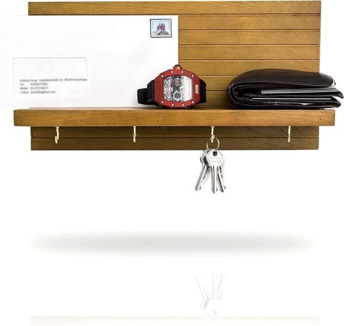 Houten Sleutelrek met Plank - Vintage Wandorganizer voor Sleutels en Brieven