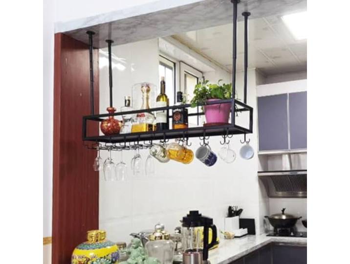 OOPDNEGAK Decken-Weinregal – Hängendes Weinglasregal, Deckenständer Aus Metall, Schwebende Barregale, Industrieller Hängender Weinflaschenhalter Mit Stielglasregal(60 * 25cm)