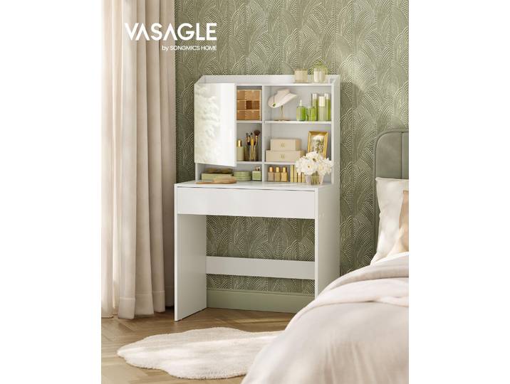 VASAGLE Coiffeuse\, avec miroir\, étagères réglables\, largeur 70 cm\, blanc