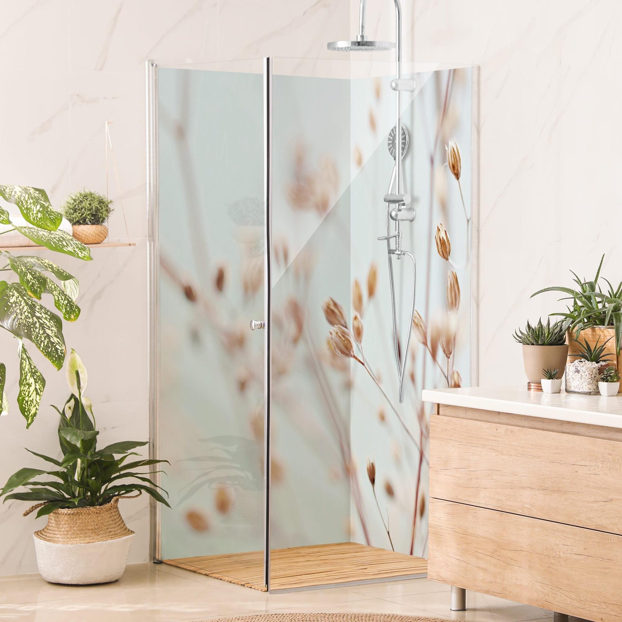 Duschrückwand mit Motiv selbstklebend - 0.61 mm Wandpaneel wasserfest Gräser beige Motiv Badrückwand fugenlos Premium matt 110x210 cm
