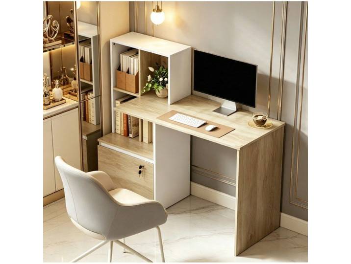Bureau informatique droit 100 x 50 cm avec bibliothèque intégrée tiroir verrouillable et 4 compartiments Grjofek