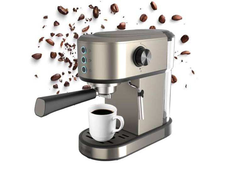BLACK+DECKER - Espressomaschine BXCO1350E 1350W 20 Bar Druck Thermoblock-System 1-2 Tassen Filter Drehbare Dampfdüse Abnehmbarer 1L Wassertank Tassenwärmer & Tropfschale