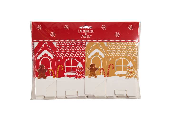 Weihnachts-Adventskalender im Lebkuchenhaus-Design, rot, braun und weiß