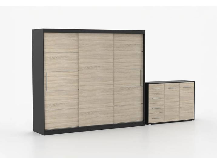 Schwebetürenschrank und Kommode 2er-Set ALBA II/FRIDA 01 Schwarz Sonoma Eiche