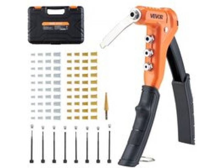 VEVOR Nietmutternzange Set 23 cm, Einhandbetrieb Nietzange mit 8 Dornen & 1 Stufenbohrer & 80 Muttern in metrischen und SAE-Größen M3, M4, M5, M6, 6-32, 8-32, 10-24, 1/4-20 UNC inkl. Tragekoffer