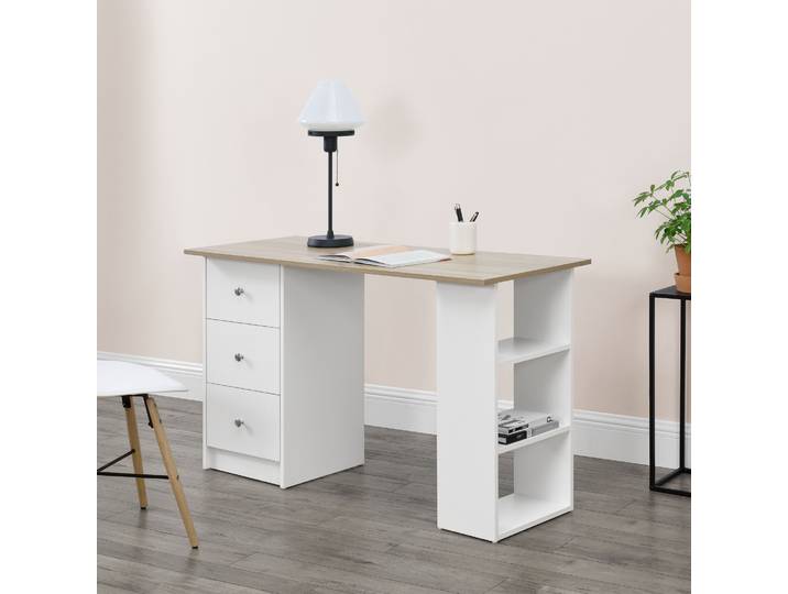 Schreibtisch 120x50x72cm Bürotisch mit Schubladen Weiß/Eiche Ablage Regal PC Tisch [en.casa]