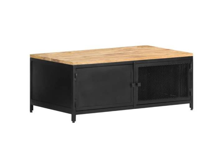 Table basse en bois massif de manguier brut - INGSHOP - 90x50x37 cm - 2 portes - Motifs en maille