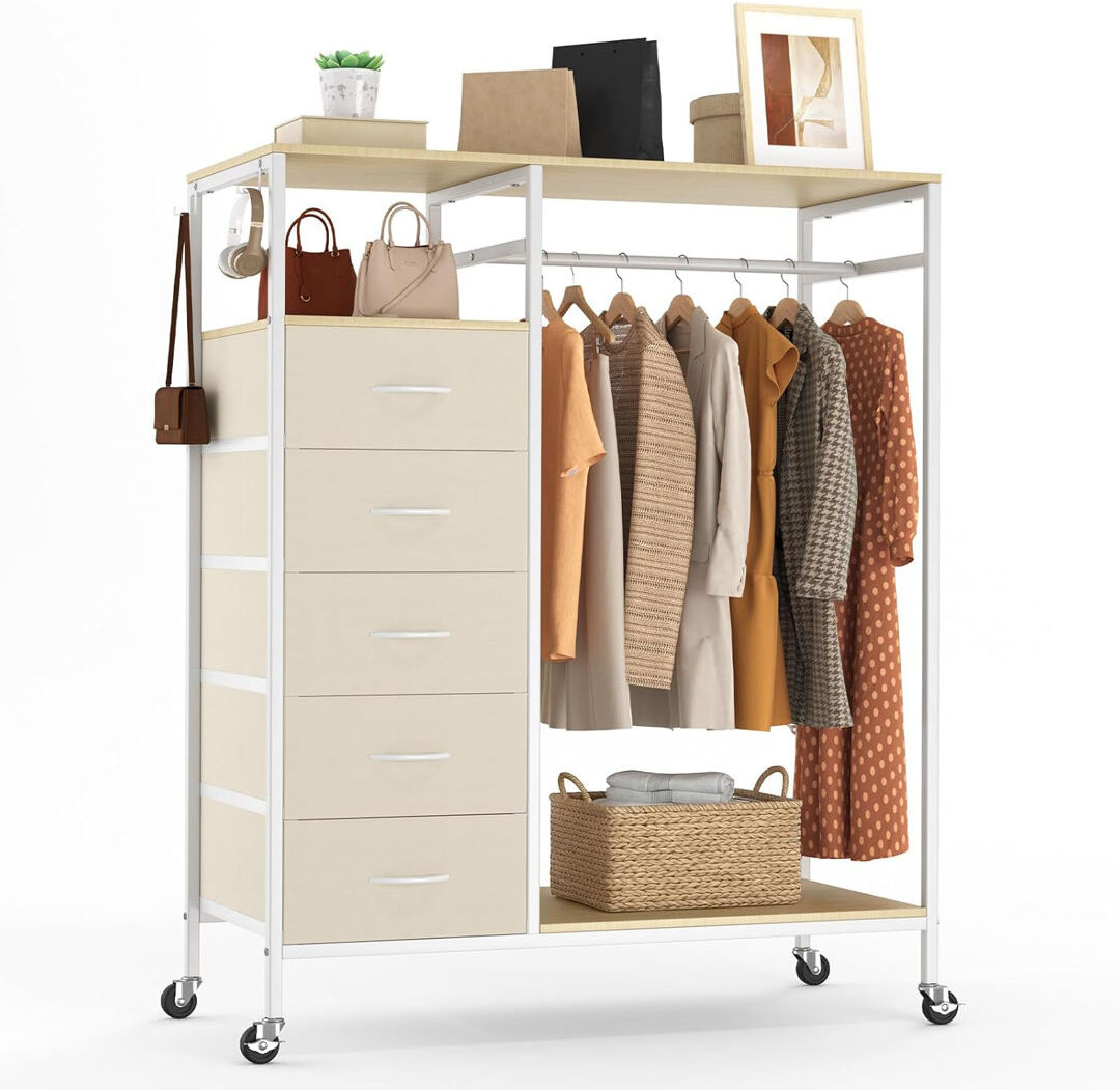 Rebrilliant 102cm Rolling Portable Wardrobe Beige