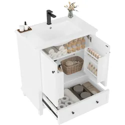 Merax Waschtisch 76x46x87cm, freistehender Badezimmerschrank mit Keramikwaschbecken, Türregalen, Schublade, Massivholzbeinen, weiß