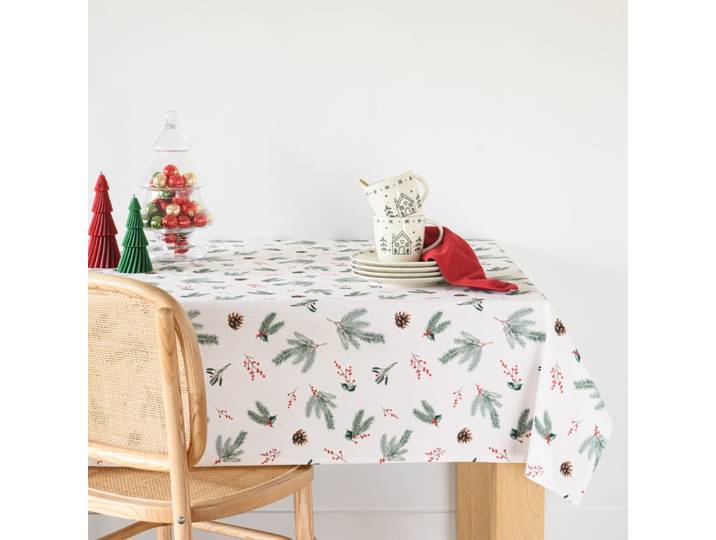 Nappe de Noël en coton biologique écru imprimé feuilles de houx et gui 150x350