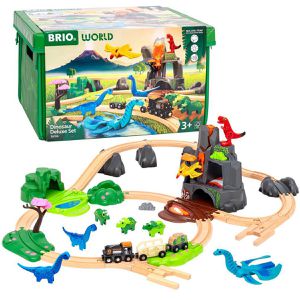 BRIO World 36104 Dinosaurier Deluxe Set, aus Holz, mit Lok, Vulkan und 8 Dinosaurier, 45 Teile