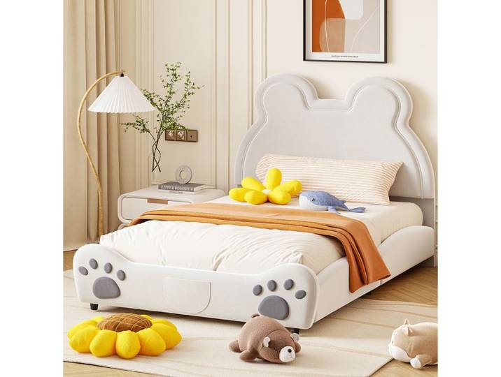 lit enfant rembourre SENVIRO forme ours blanc 140 x 200 cm