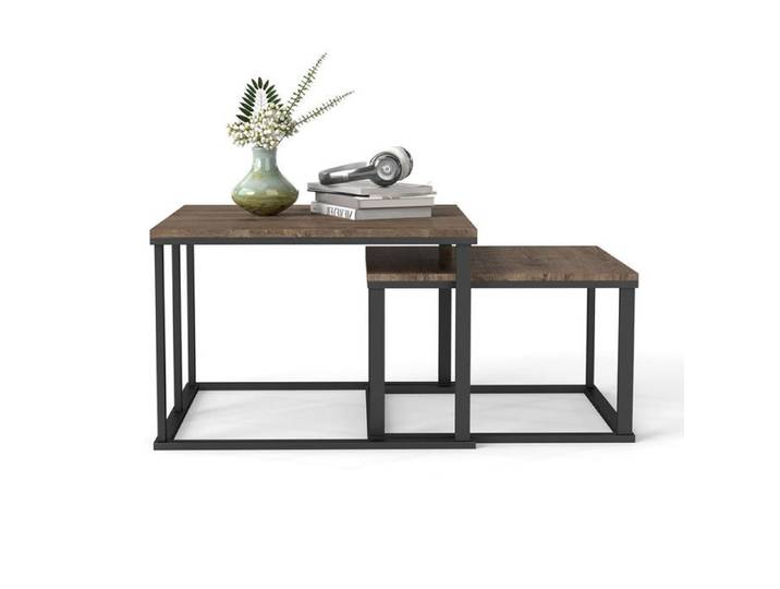 GOKHOMX Noir 1 Set Rangement Compact Table Basse Carrée Gigogne Design Bois Moderne Tubes Acier Carrés Salon