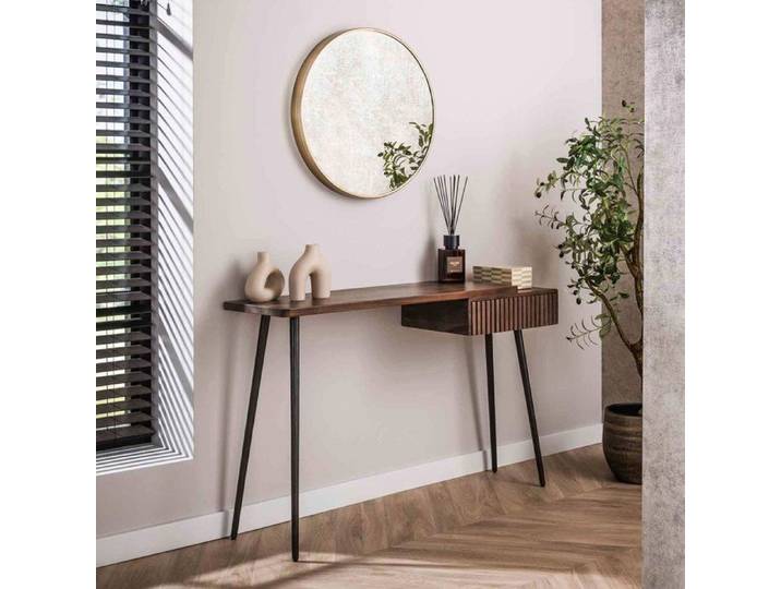 Console 1 tiroir 120x35x76 cm en acacia brun foncé et bronze - KIRVE