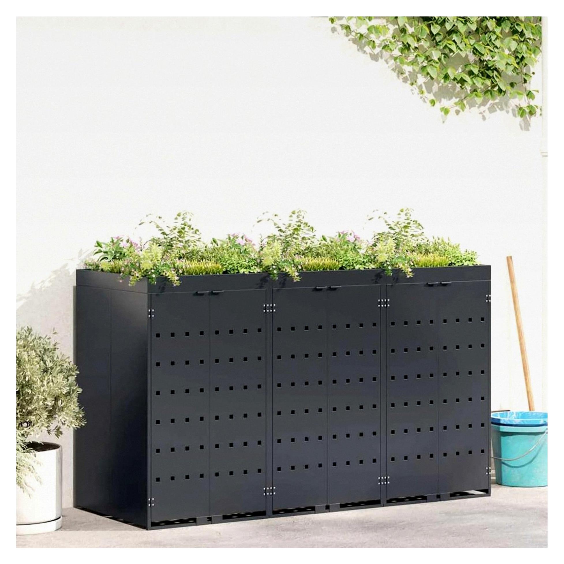 Wagenmüllbehälter für 3 Behälter Anthrazit, Mülltonnenbox Großvolumen Gartenschrank wetterfest für Reihenhaus und Mehrfamilienhaus