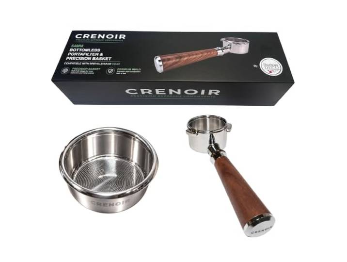 CRENOIR Präzisionskorb mit bodenlosem Siebträger für Breville 54 mm Espressomaschinen - 1.782 Loch lasergeschnitten, Edelstahlbau, Walnussholzgriff - gleichmäßiger Extraktionsfluss