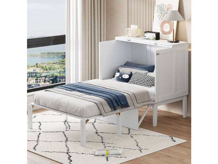 Schrankbett mural 90x200 cm blanc lit rabattable vertical avec sommier pratique pour chambre compacte