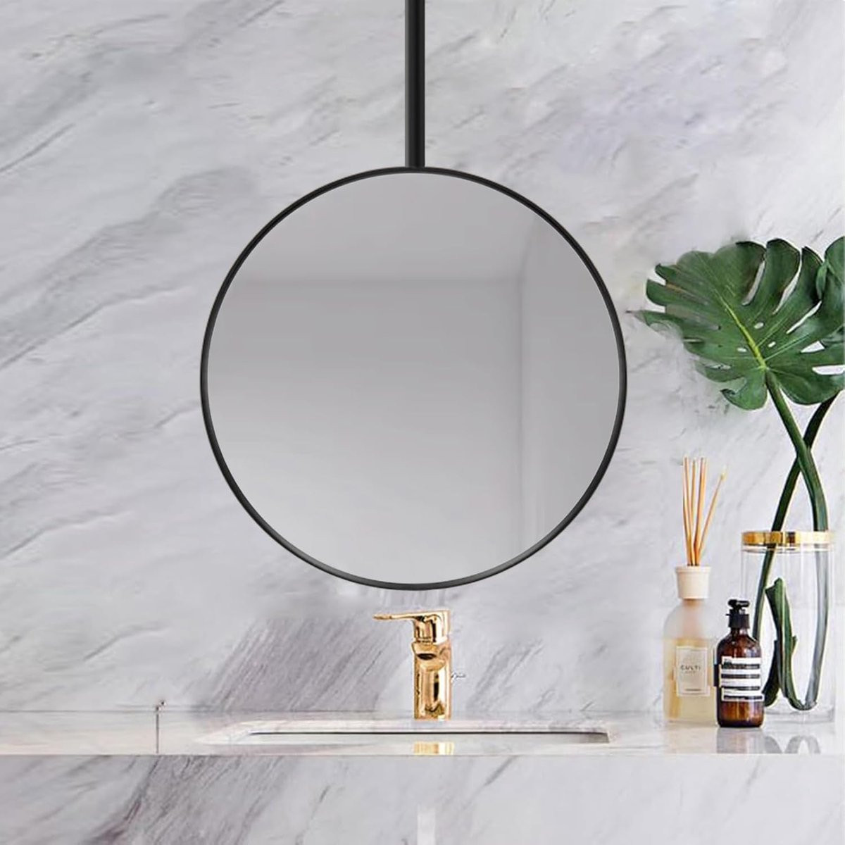 Decoratieve hangende plafondspiegel met zwart metalen frame - Diameter: 50 cm - Zwart