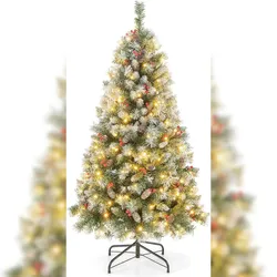 COSTWAY 150 cm künstlicher Weihnachtsbaum mit Beleuchtung, Schnee, Weihnachtsbaum