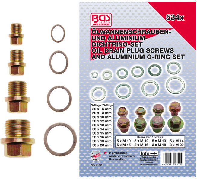 BGS Assortiment de bouchons de vidange et joints alu 534 pièces ; BGS technic (8119)