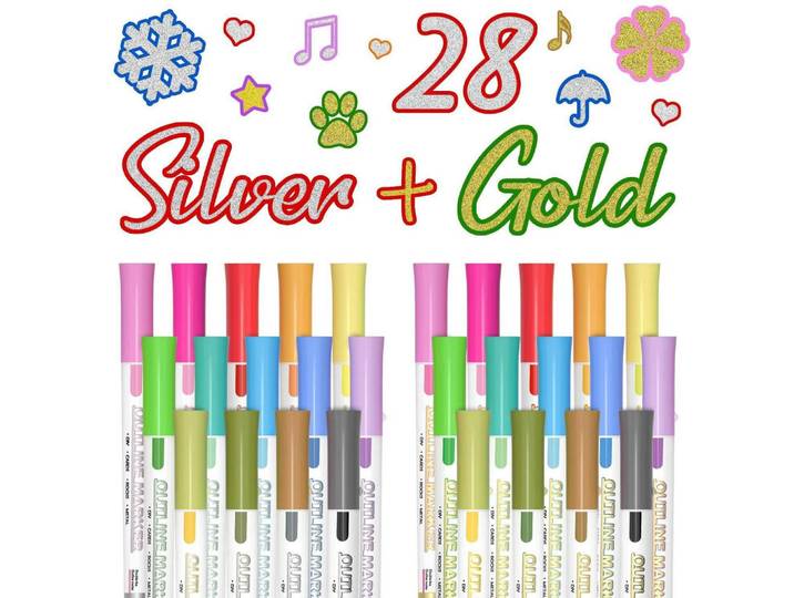 Marker 28er Set Metallic Outline Stifte Silber+Gold, Mehrfarbig, Kunststoff, 33.8x1.5x13.5 cm, Dekoration, Malbedarf & Bastelbedarf