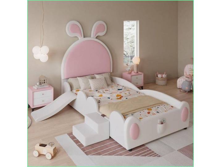 Lit moelleux pour enfants - Avec oreilles de lapin échelle et toboggan - Blanc + Rose