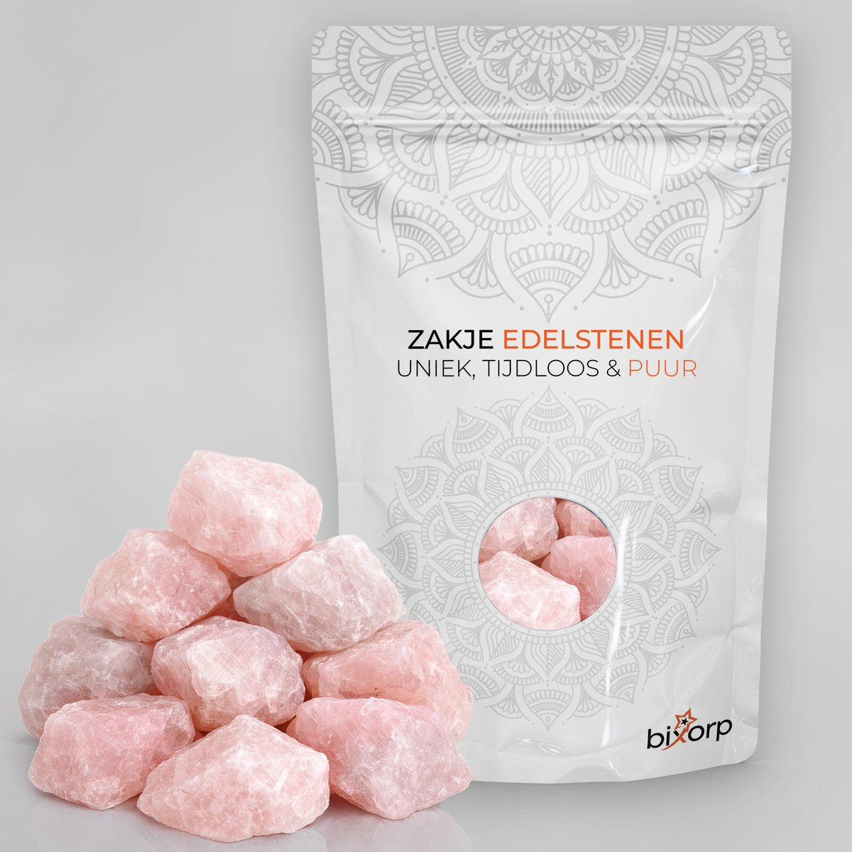 Bixorp Zak met Ruwe Rozenkwarts - 200g - 100% Natuurlijke Rozenkwarts Trommelstenen