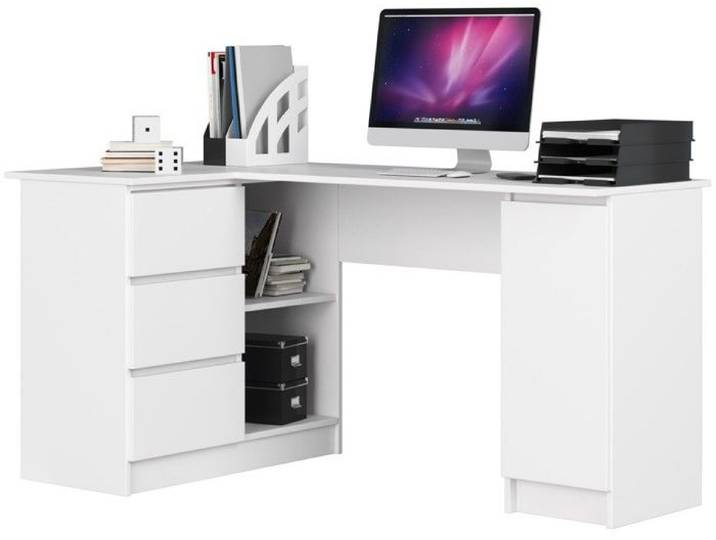Grand bureau d'angle AKORD gauche B20 Blanc 155 cm 1 porte 3 tiroirs façade Blanche 4 étagères 155x85x77 cm