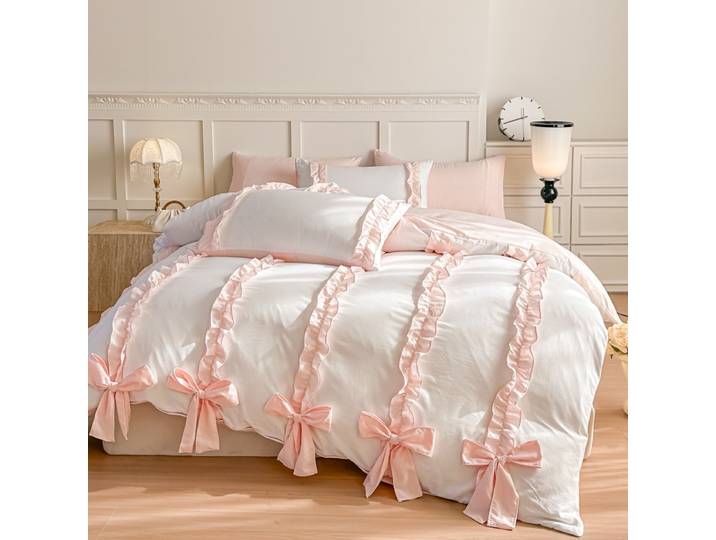 Ensemble de draps 3 pièces, housse de couette à nœud papillon rose, ensemble de literie confortable, couvre-lit pour toutes les saisons