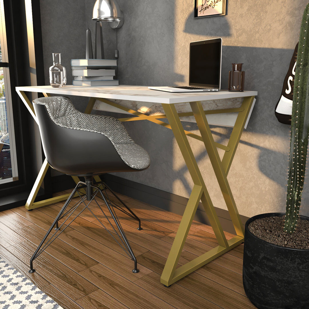 Wade Logan Tenafly 120cm W Rectangular Computer Desk White Marble and Gold
