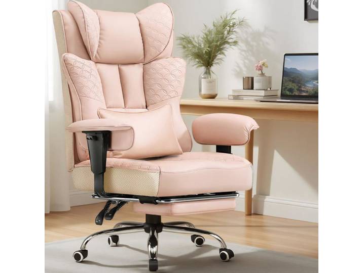 Chaise Bureau - GTPLAYER - Rose - Repose-pieds escamotable - Dossier inclinable 150° - Capacité 180 kg
