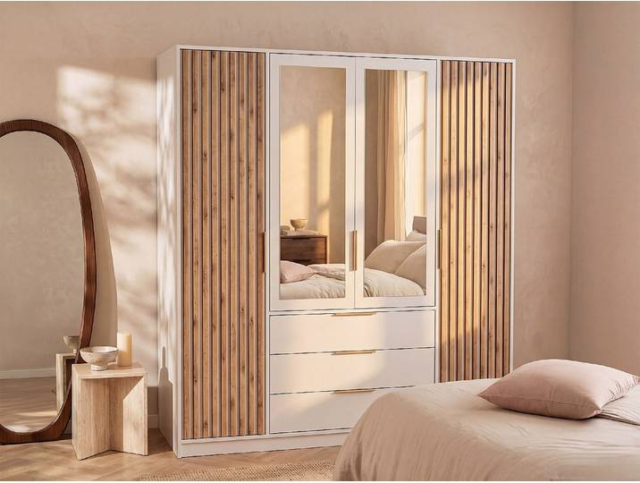 Kleiderschrank mit 4 Türen & 3 Schubladen - Mit Spiegel - B196 cm - Natur & Weiß - LIRMADA