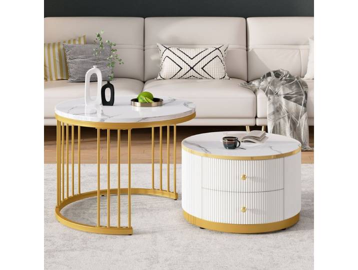 Ensemble Élégant 2 Tables Basses Blanches En Forme De Nid - Design Moderne 60x60x45.5cm - Salon Contemporain
