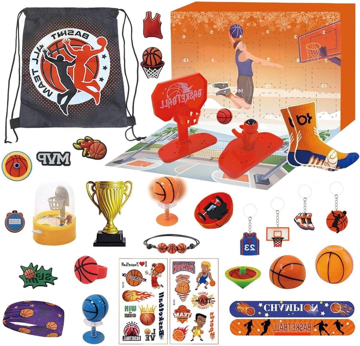 Kerst Adventskalender voor Sportliefhebbers met 24 Basketbal Accessoires, Multicolor, 34 x 24 cm