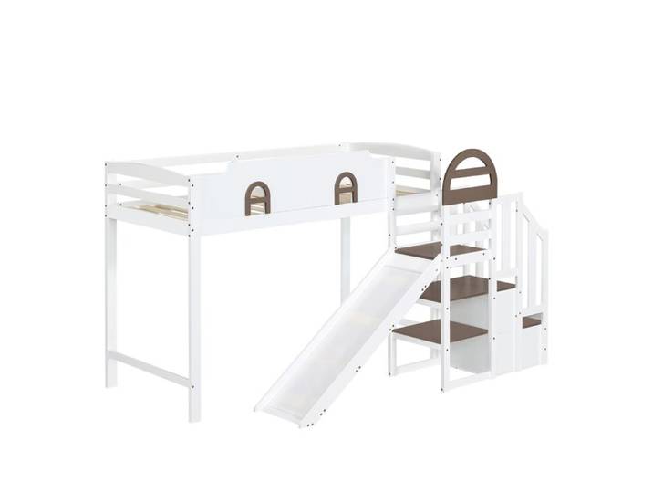 Lit superposé 90x200 cm blanc toboggan escalier