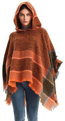 Sparkle Elegant Autumn Winter Fishbone Pattern Womens Hooded Cape Pullover Poncho Black Cloak, Cozy Fashion Poncho For Ladies 1