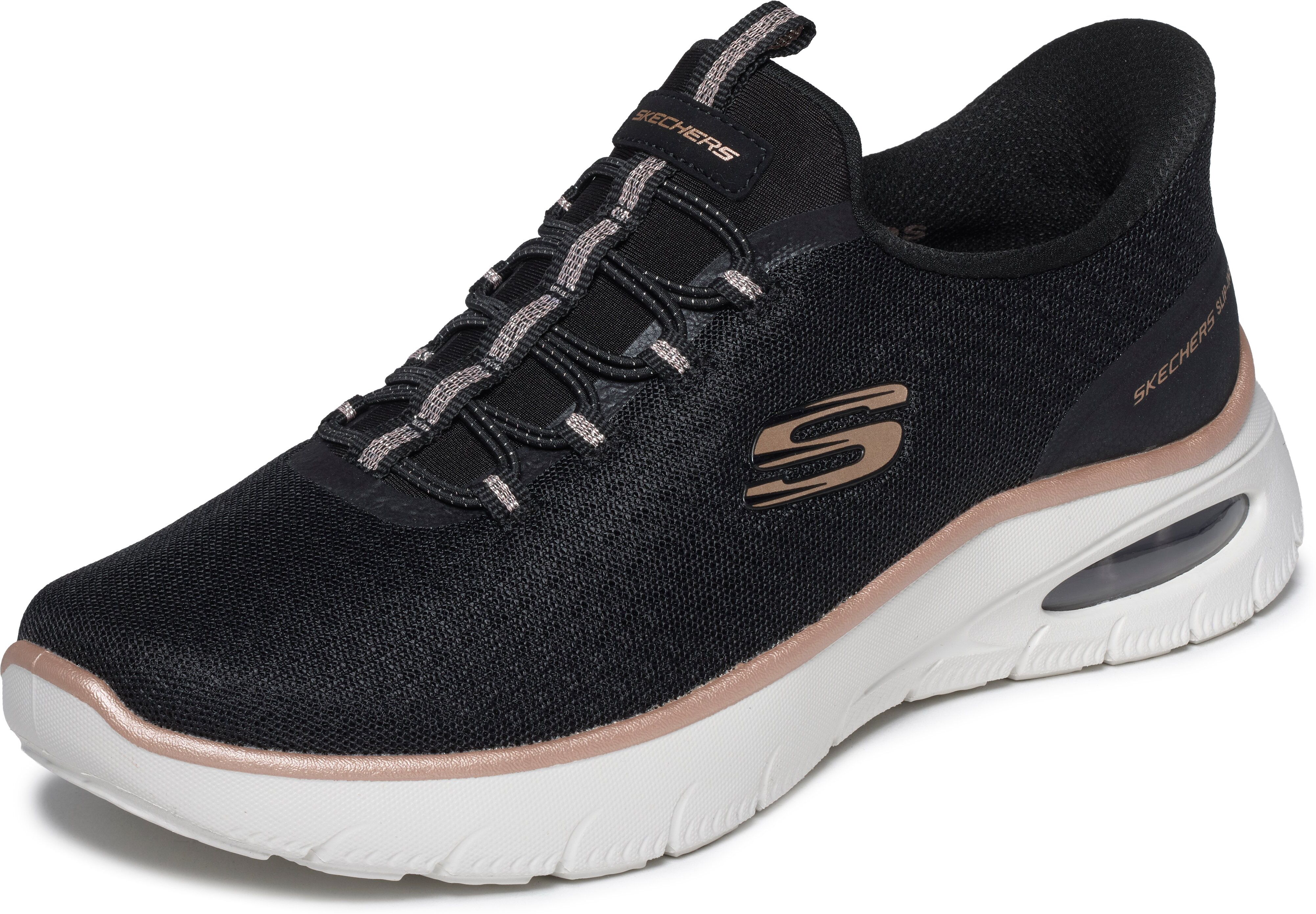 Slip-On Sneaker SKECHERS "SKECH-AIR SUMMITS", Damen, Gr. 40, Textil, schwarz (schwarz, roségoldfarben), Schuhe Slip-On Sneaker, Schlupfschuh, Halbschuh, Freizeitschuh mit Air-Cooled Memory Foam