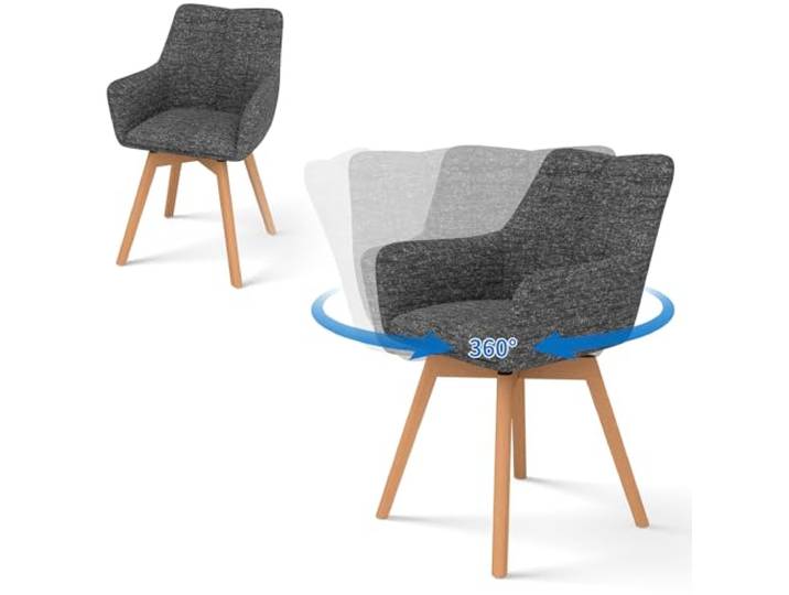 WAFTING Esszimmerstühle 2er Set Drehbar 360° mit Holzbeinen, Grau Tweed-Stoff, Armlehnstuhl, Moderner Polsterstuhl, Drehstuhl, Esszimmerstuhl Drehbar, Wohnzimmer, Arbeitszimmer, Schlafzimmer