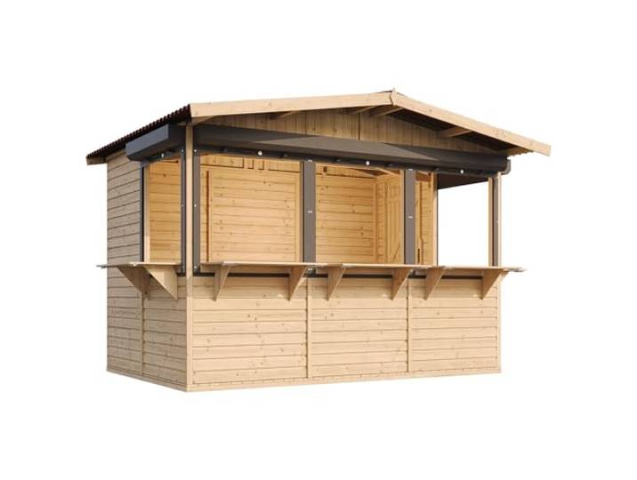 TIMBELA M150BZ Holz Gartenhaus/Marktbude, Kiefer Fichte, Verkaufsstand mit Theke, 263x336 cm (6 m²), multifunktionale Garten-Bar, Verkaufshütte mit 5 Rollläden
