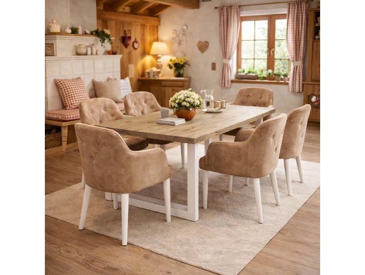 Holztisch White Washed 180x90cm mit weißem U-Gestell - gerade Kante