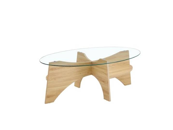 Vexelus Ovaler Couchtisch 104,9x60 cm MDF‑Sicherheitsglas, helle Holzoptik mit unterer Ablage