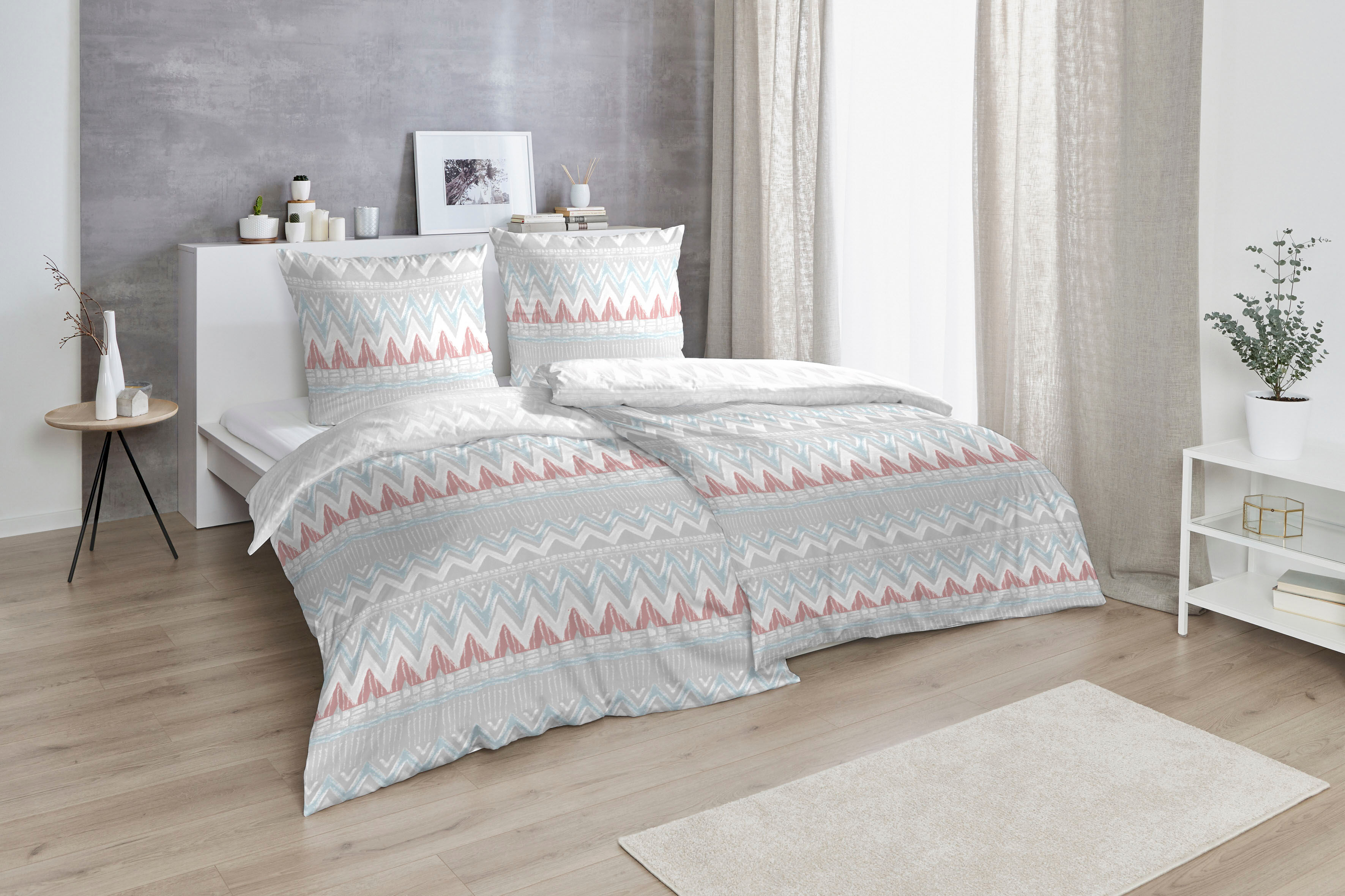 Bettwäsche PRIMERA "Bio-Renforce-Bettwäsche Zahara", bunt (grau, rot, blau), B/L: 135cm x 200cm, 1 Stk., 1 Stk., Renforcé (Bio-Baumwolle), B/L: 80cm x 80cm, 2 Stk., Renforcé (Bio-Baumwolle), Obermaterial: 100% Baumwolle, Bettwäsche, Bettwäsche, mit einem 
