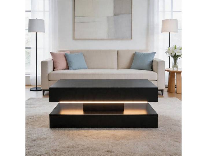 Table basse - PAGE LIVING - 100x50x42 cm - Hydraulique réglable - LED Bluetooth - Rangement caché & prises