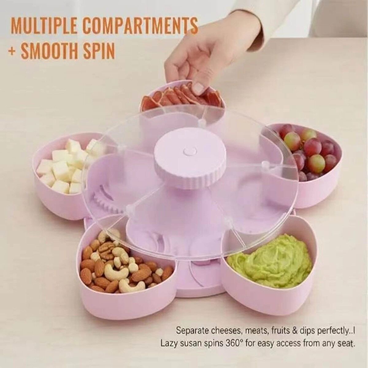INF Geteiltes Dreh-Snack-Serviertablett – Rotierendes Snack-Tablett, Grau Kunststoff, 23.6cm x 23.6cm x 8cm Rosa