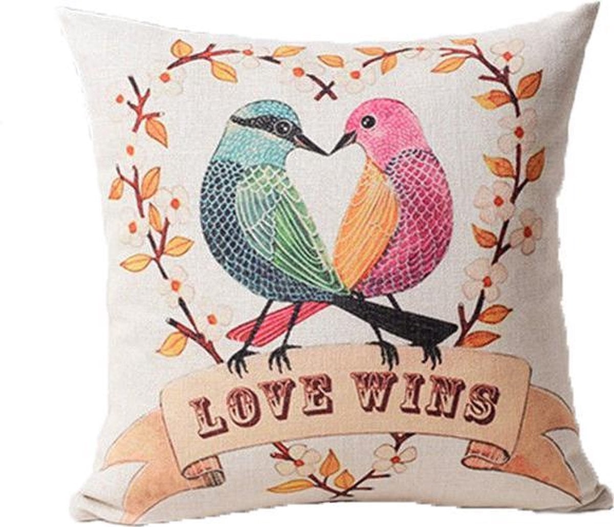 Linnen kussenhoes met vogels love wins