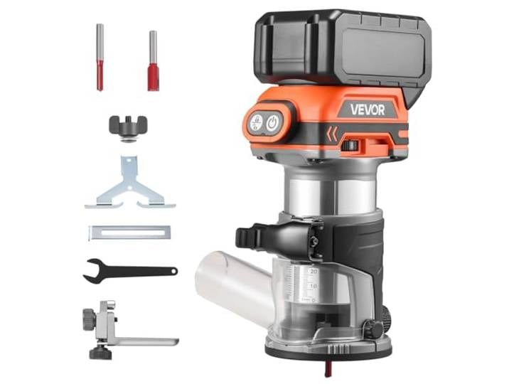 VEVOR Affleureuse sans Fil Moteur sans Balais Défonceuse Compacte 6 Vitesses Variables pour Travail Bois\, Compatible avec Batterie 18 V Makita Non Incluse\, avec Base Fixe\, Capot d'Aspiration Poussière